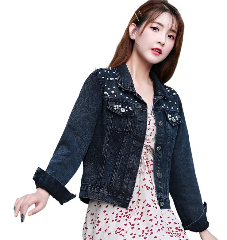 Sleek Style Spring and Autumn Short Denim Beaded Pear Denim Loose Jacket - JVMCL