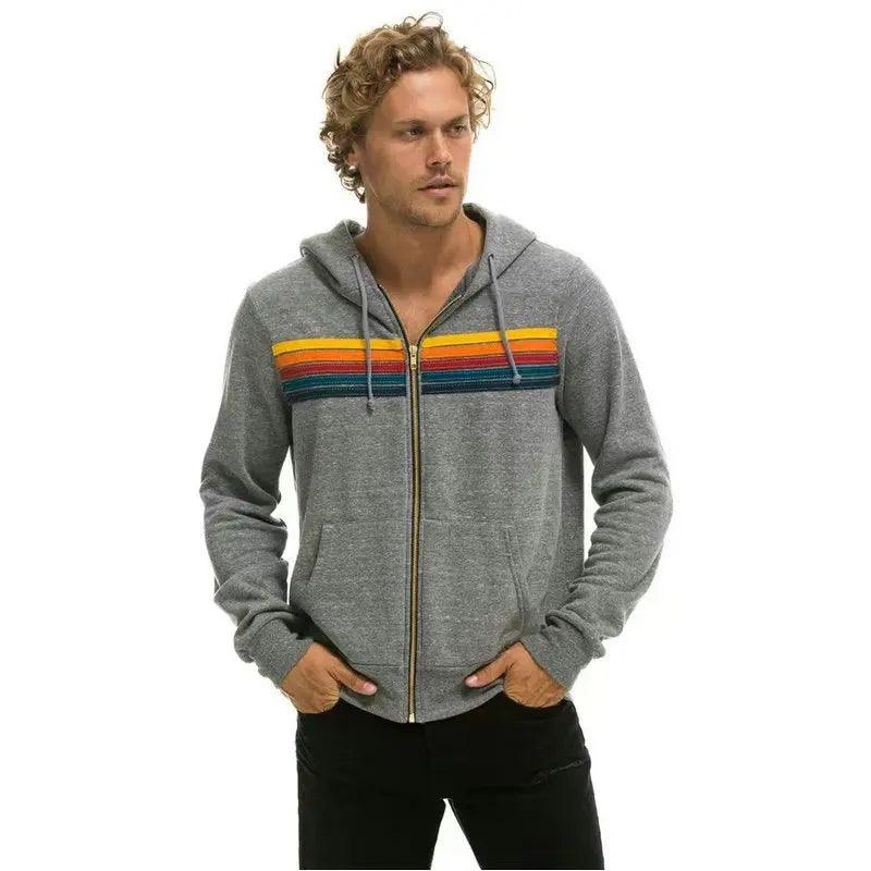 Aviator Nation 5 Stripe Rainbow Hooded Sweatshirt– Slim Fit Fleece Zip-Up Jacket - JVMCL