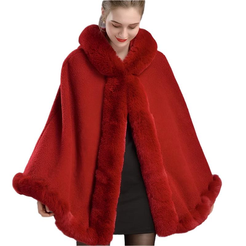 Luxury Winter Rabbit Fur Collar Poncho Cape – Elegant & Cozy Outstreet Mantle - JVMCL