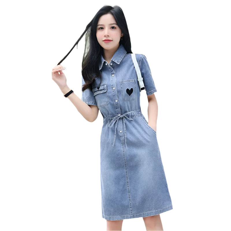 Women's Summer Slim Fit Lace-Up Single-Breasted Midi Denim Shirt Dress