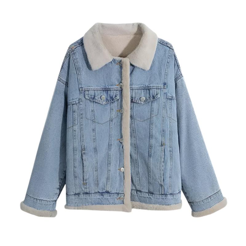 Women’s Winter Patchwork Padded Denim Jacket – Fur Plush Warm Jean Coat - JVMCL