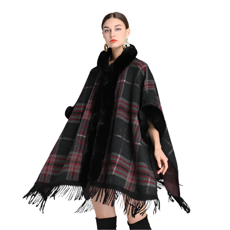 Winter Thick Plaid Poncho Tassel Cloak with Hood & Faux Rabbit Fur Collar