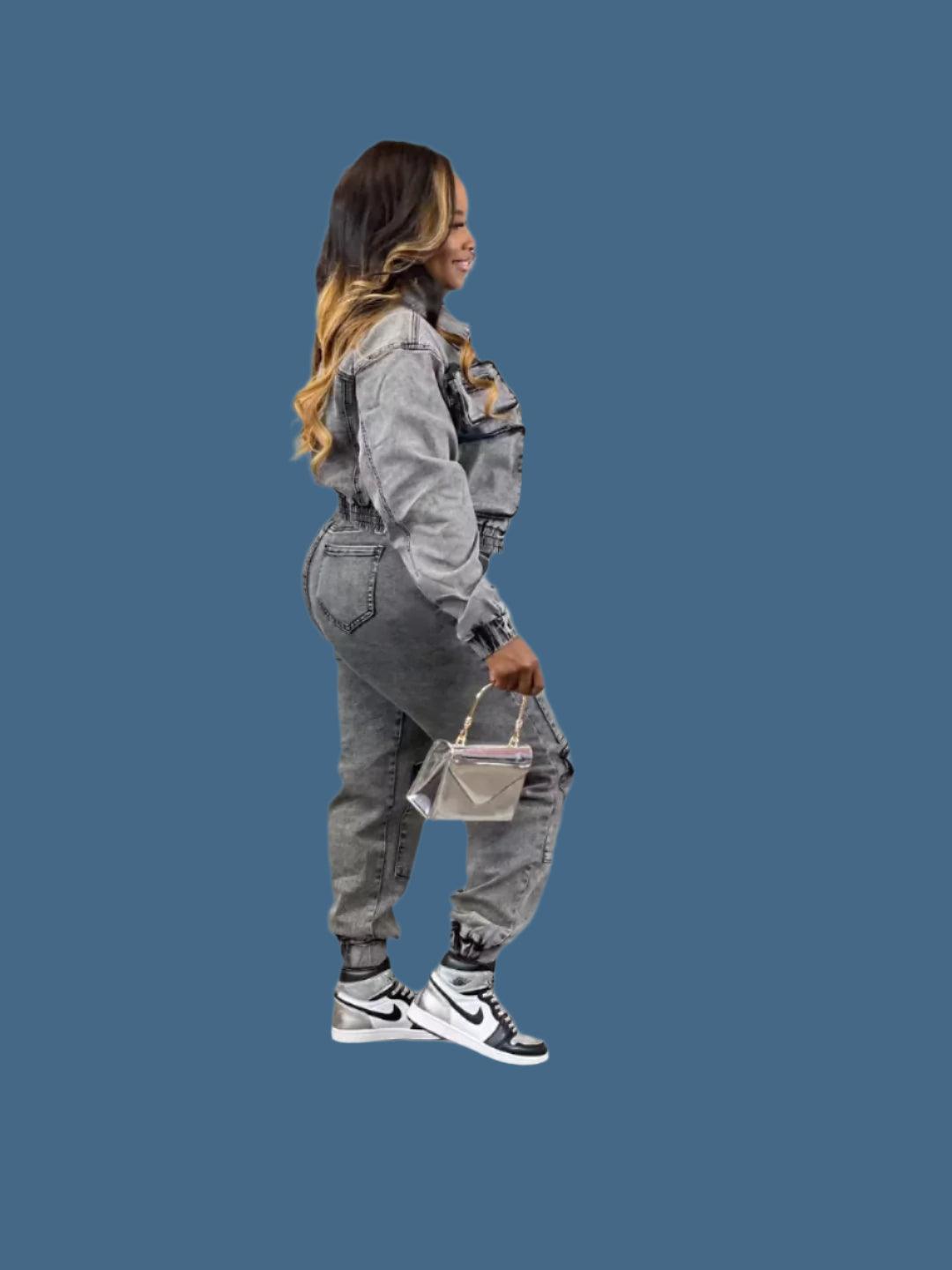 Multi-Pocket Denim Pants Outfit for Women – Elegant Two-Piece Matching Set - JVMCL