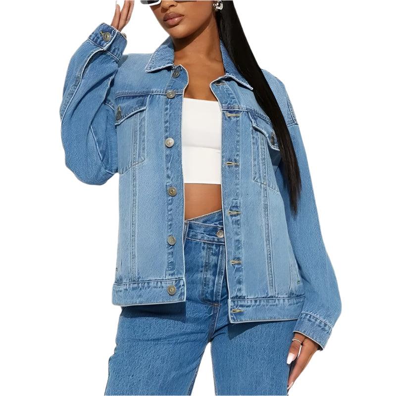 Spring Autumn Casual Loose Denim Jacket for Women-Multiple Pockets Cardigan Coat - JVMCL