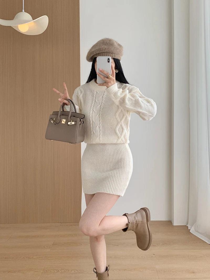 Ribbed Pullover Bodycon Batwing Sleeve Two-Piece Dress - JVMCL