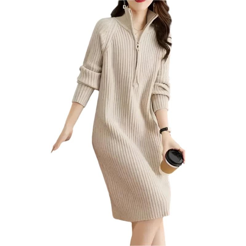 Autumn/Winter Medium Length Half Zipper Loose Casual Long Sleeve Trendy Knitted Dress - JVMCL