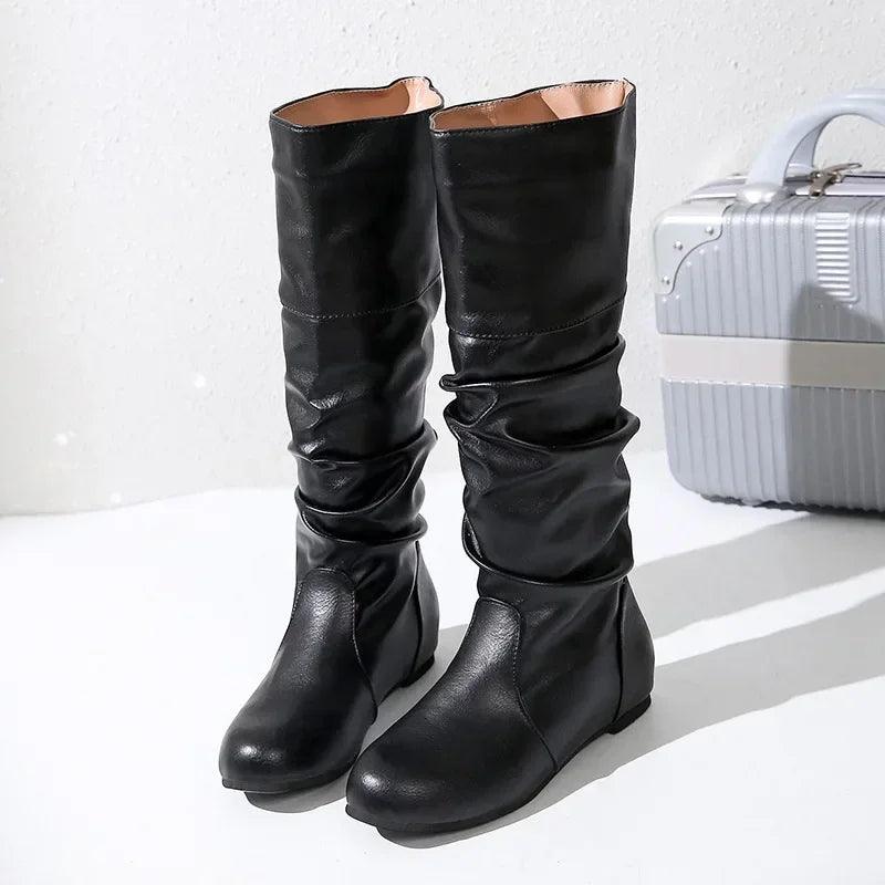 Women's Comfortable Fashion Pleated Long Mid-Calf Slip-On Winter Boots - JVMCL