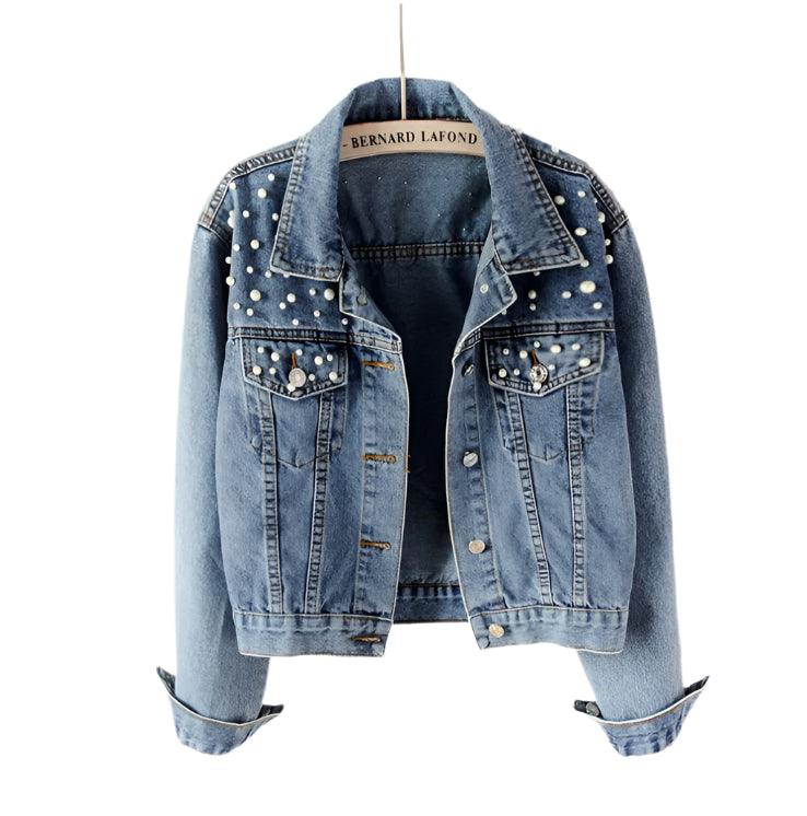 Sleek Style Spring and Autumn Short Denim Beaded Pear Denim Loose Jacket - JVMCL