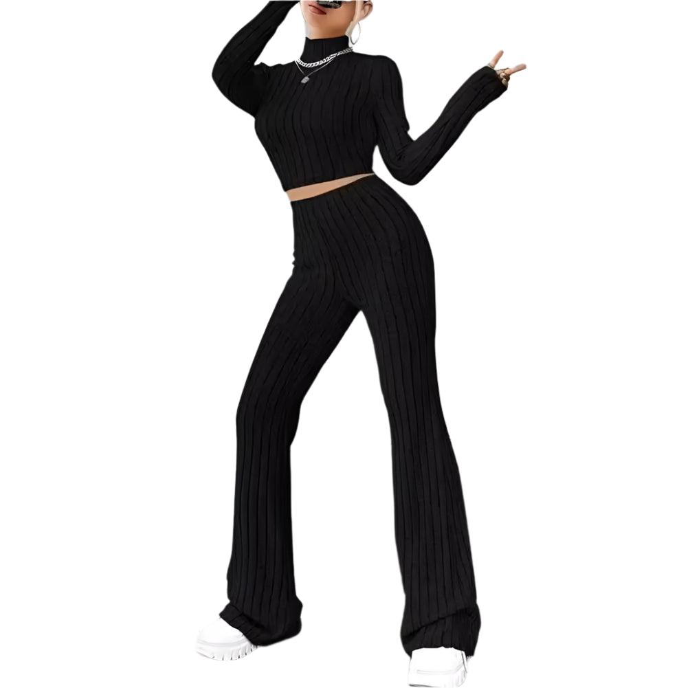 2 Pcs/Set Knitted Cozy andStylish Elegant Half-High Collar & Flare Pants Set - JVMCL