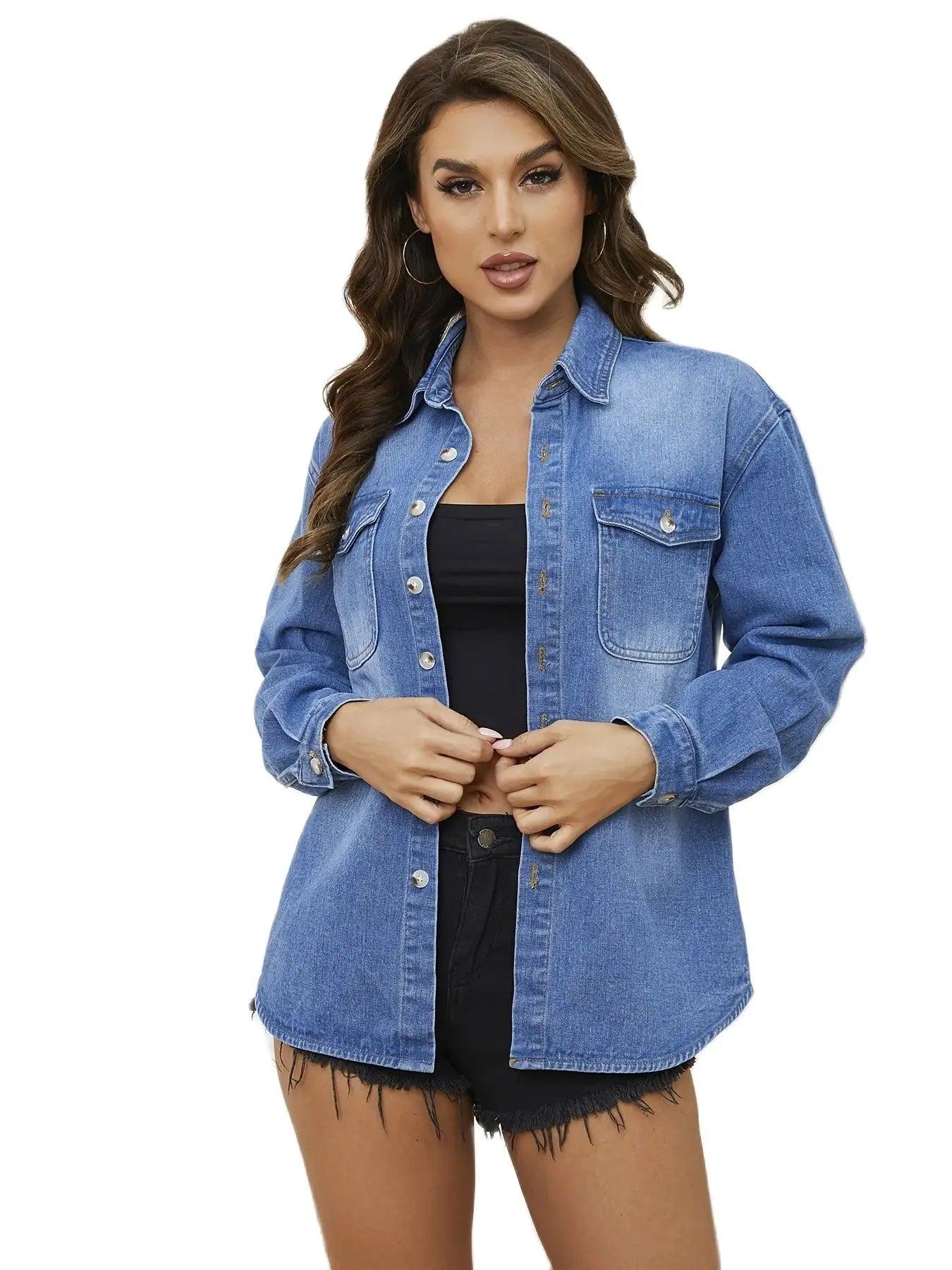 Long Sleeve Fashion Curved Mid-Length Denim Jeans Shirt Coat; S-XL - JVMCL