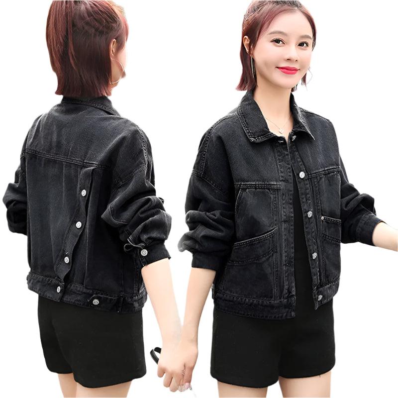 New Denim Jacket for Women - Large Size Short Coat with Beaded Detailing - JVMCL