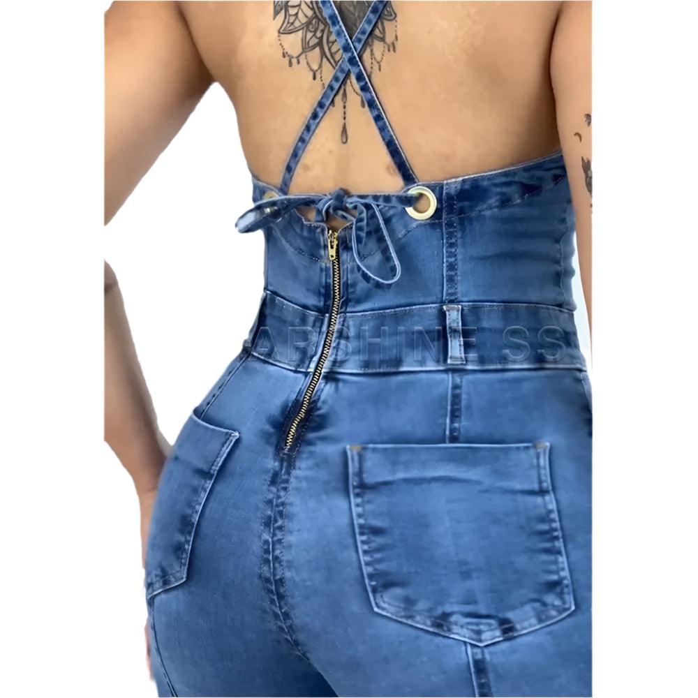 Casual Sleeveless Fashion Backless Heart Cutout Denim Bodycon Jumpsuit for Women - JVMCL