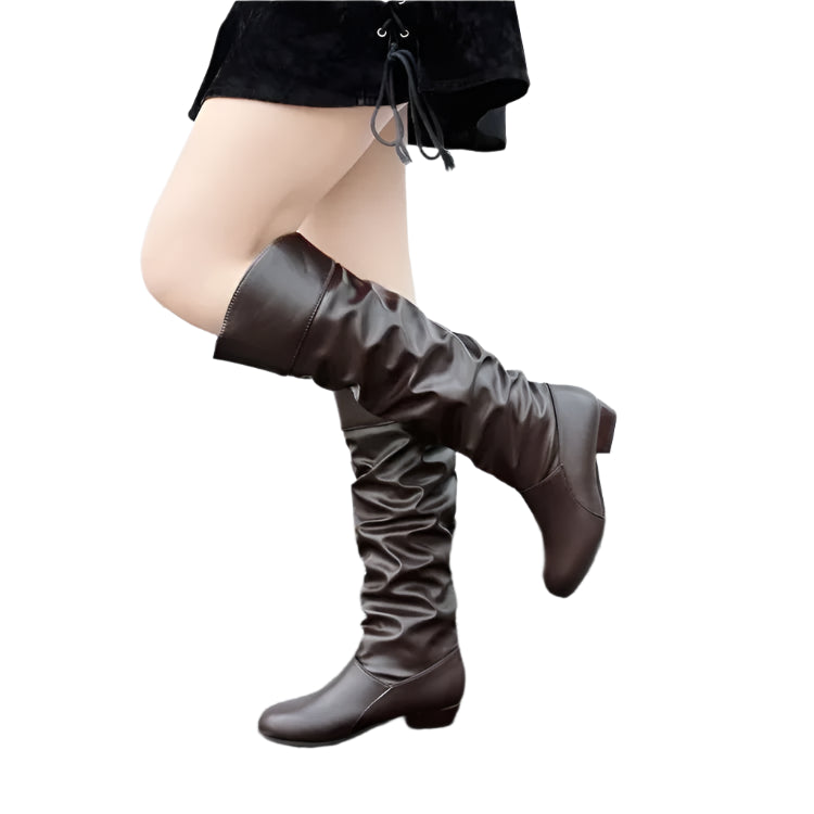 Women’s Knee-High Leather Boots – Stylish Pleated Tall Boots for Winter - JVMCL