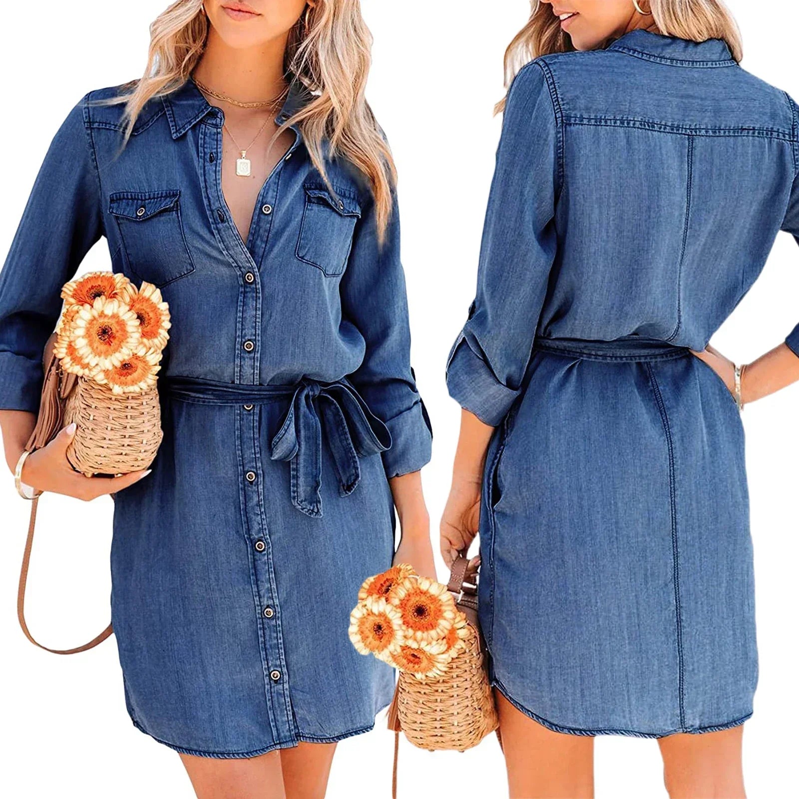 Women's Casual Denim Shirt Dress – Chic & Effortless Button-Down Style