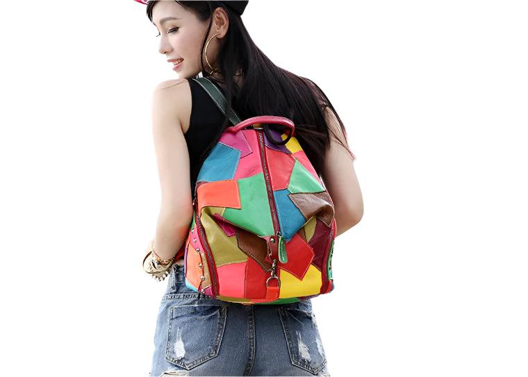 Genuine Leather Patchwork Backpack – Stylish & Spacious for Travel & Daily Use - JVMCL