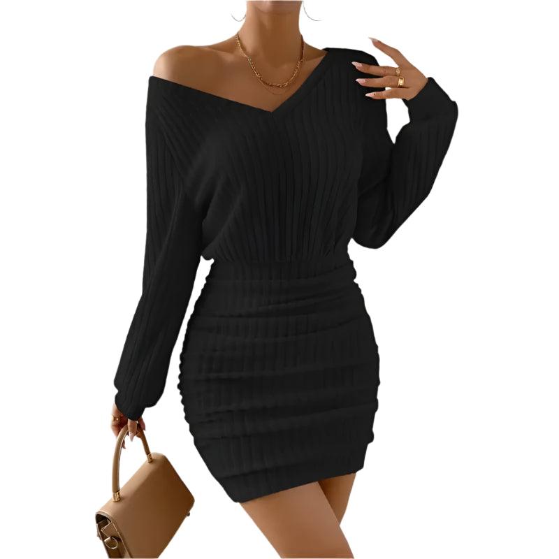 Women's Autumn/Winter Warm Bodycon Knitted V-Neck Wrap Style Mini Sweater Dress - JVMCL