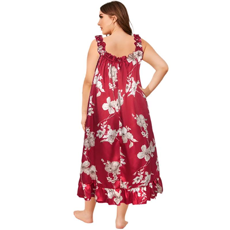 Red Flower Print Satin Nightgown - Plus Size Sleeveless Summer Sleepwear - JVMCL