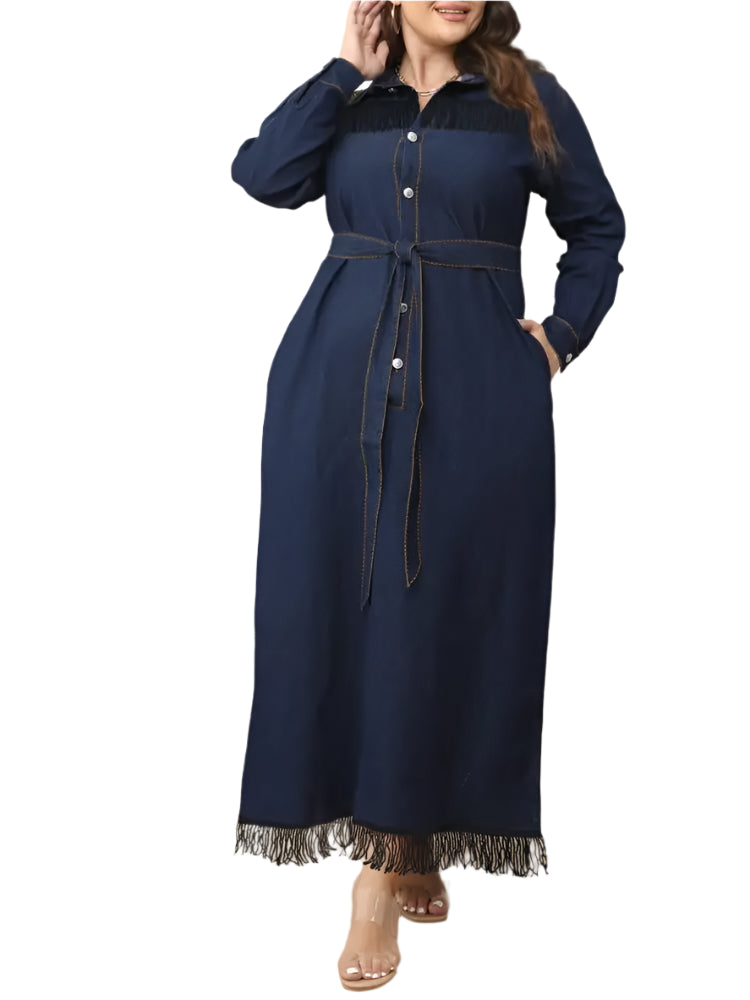 Women’s A-Line Loose-Fit Casual Plus Size Denim Fringe Ruffle Dress