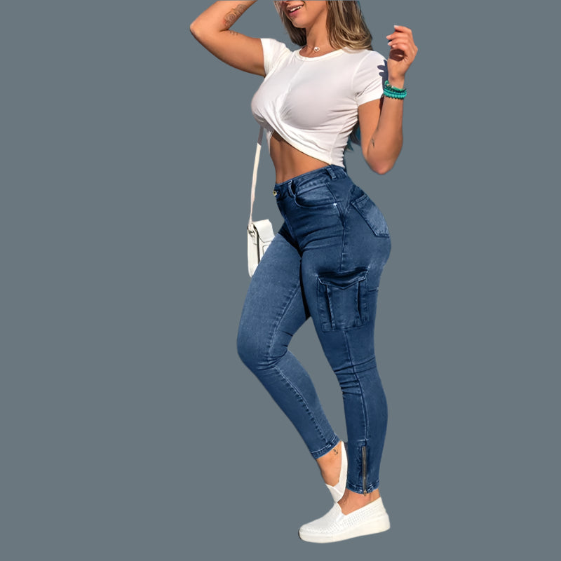 Women’s High Waist Distressed Cargo Jeans – Trendy Streetwear with a Slim Fit