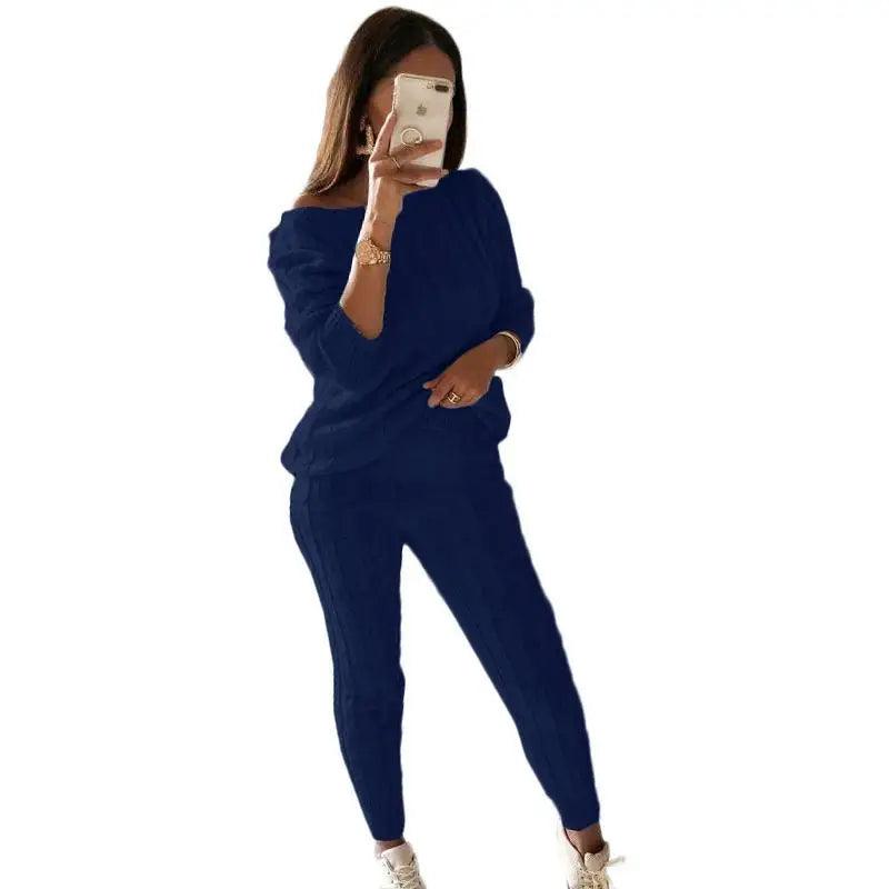 Women's Solid Color Knitted 2-Piece Set - Sweater Top & Pencil Pant - JVMCL