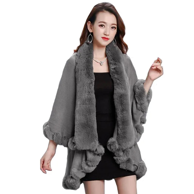 Women's Winter Knitted Poncho Cloak – Faux Rex Rabbit Fur Collar Pashmina Wrap