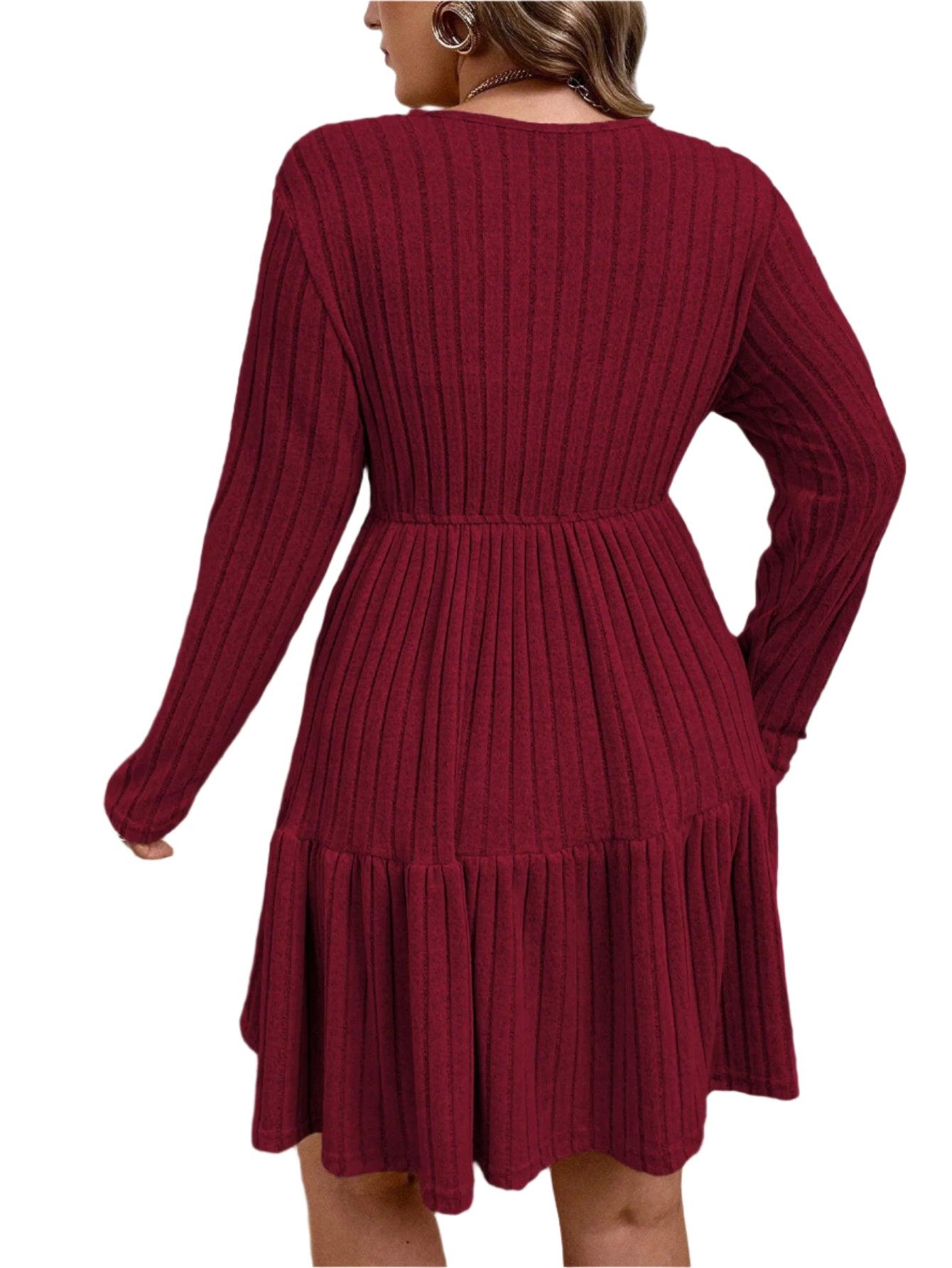 Winter Solid Plus Size Knitted Dress Women Casual V-Neck Long Sleeve Sweater Dress Ladies Elegant Large Pleated Short Dress - JVMCL