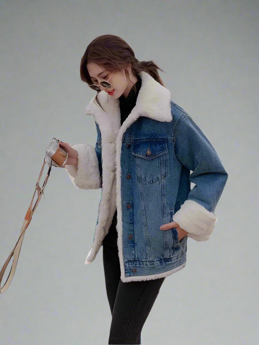 Velvet-Thickened Lamb Wool Denim Jacket for Women –Korean Style Winter Outerwear - JVMCL