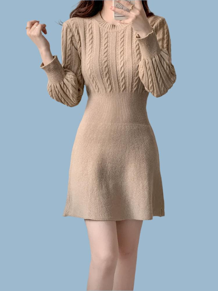 Chic Feminine Korea Winter Spring Women Office Lady O-Neck Knitted Sweater Dress - JVMCL