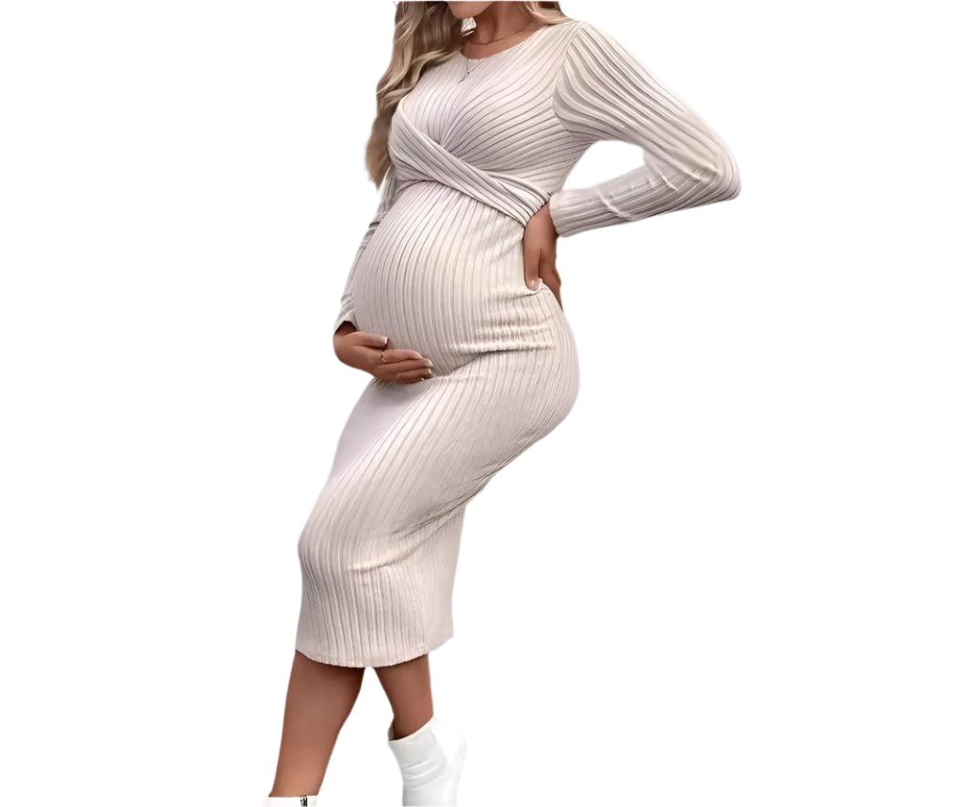 Elegant Knit Maternity Dress –Slim Fit Solid Color Long Sleeve Sheath for Autumn - JVMCL