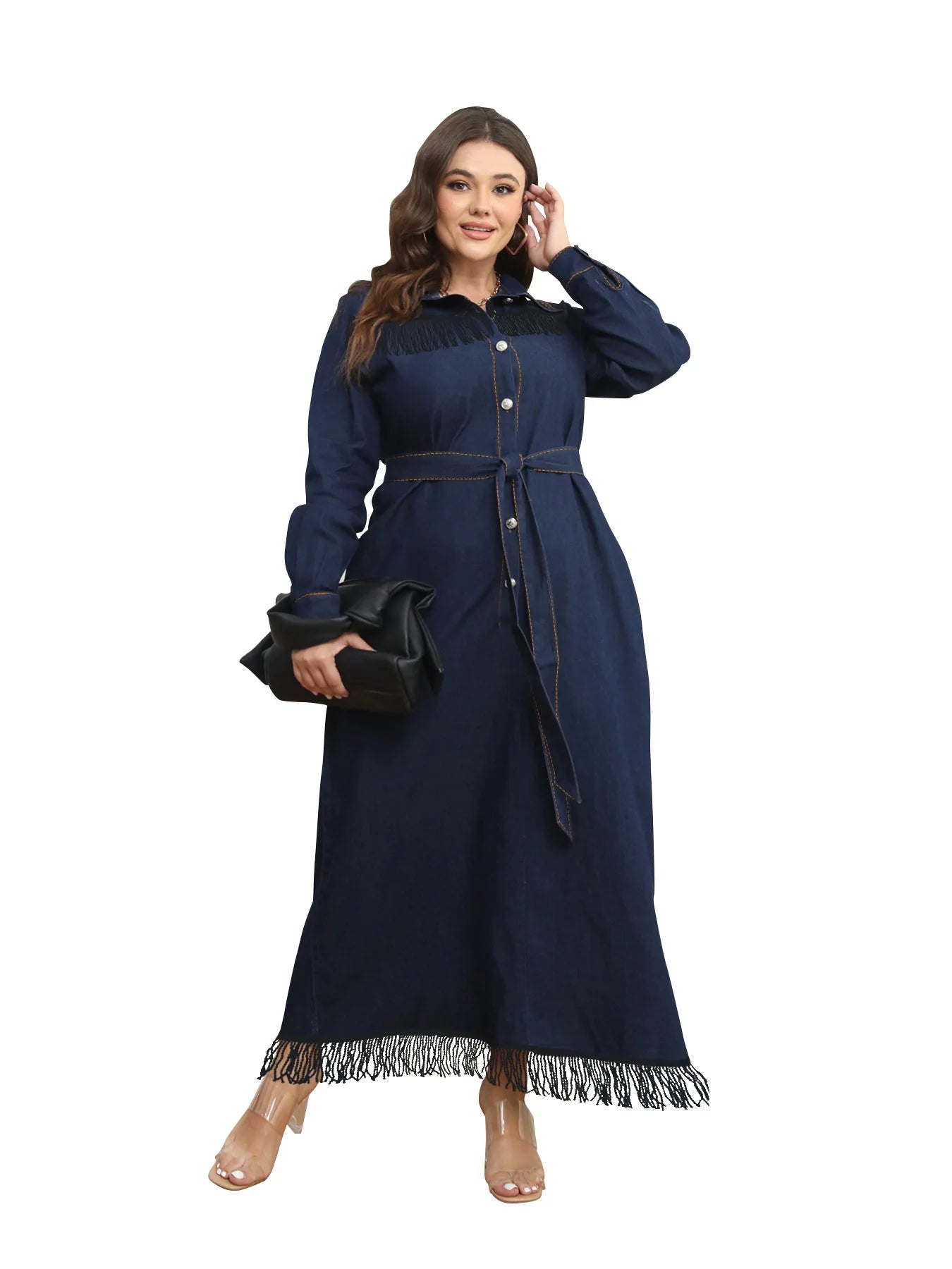 Women’s A-Line Loose-Fit Casual Plus Size Denim Fringe Ruffle Dress