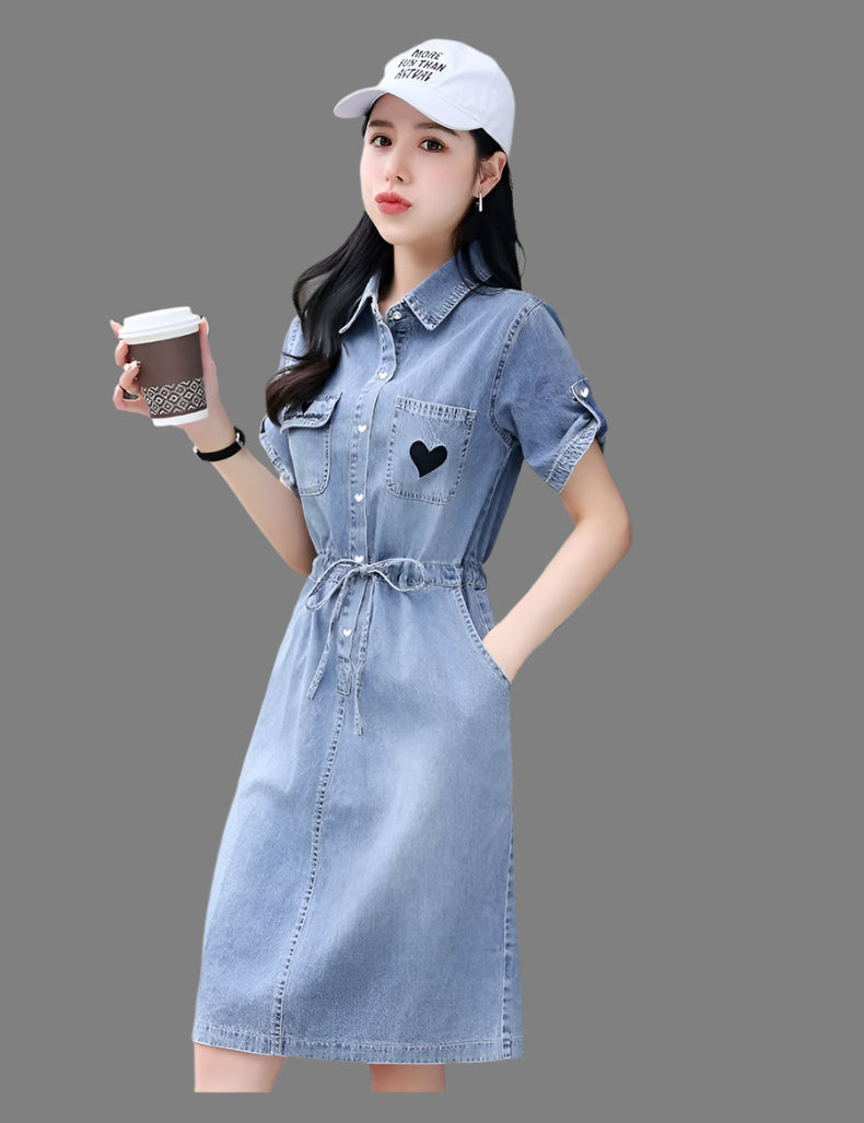 Women's Summer Slim Fit Lace-Up Single-Breasted Midi Denim Shirt Dress