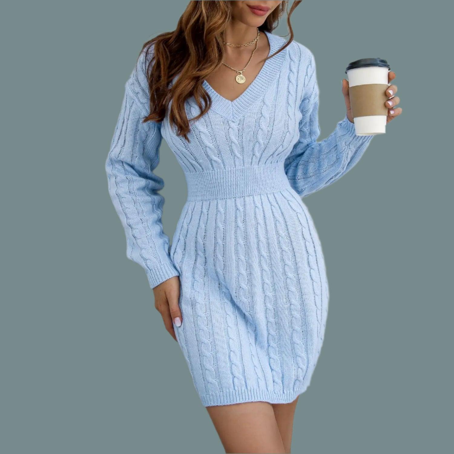 Knitted Solid Color V-neck Long-Sleeved Twist Waist Hip-Covering Sweater Dress - JVMCL