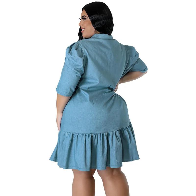 Plus Size Women’s Loose Casual Lapel Neck Short Sleeve Denim Mini Dress 3XL-5XL - JVMCL