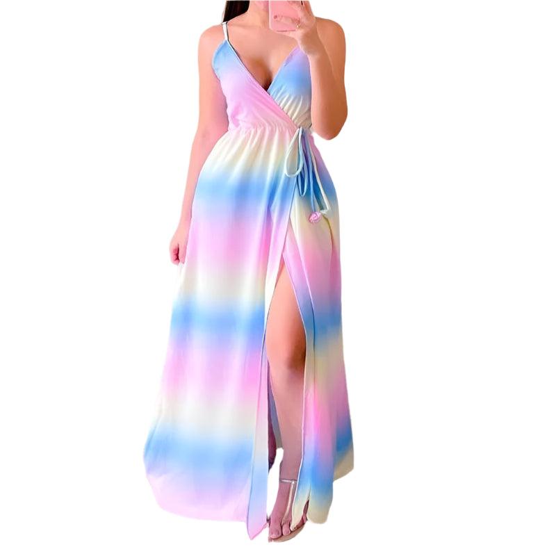 Gradient Print Maxi Sundress – Sexy V-Neck Spaghetti Strap Summer Dress - JVMCL