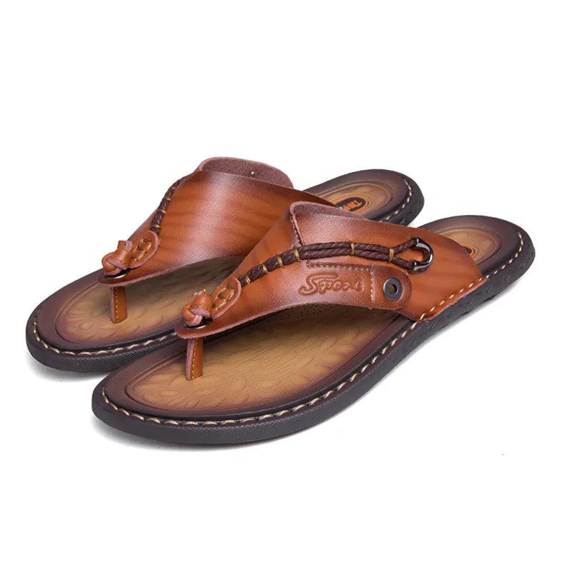 Handmade Leather Slippers Trendy Fashion Men's Flip-flops Outdoor Breathable Comfortable Men and Simple Sandals - JVMCL