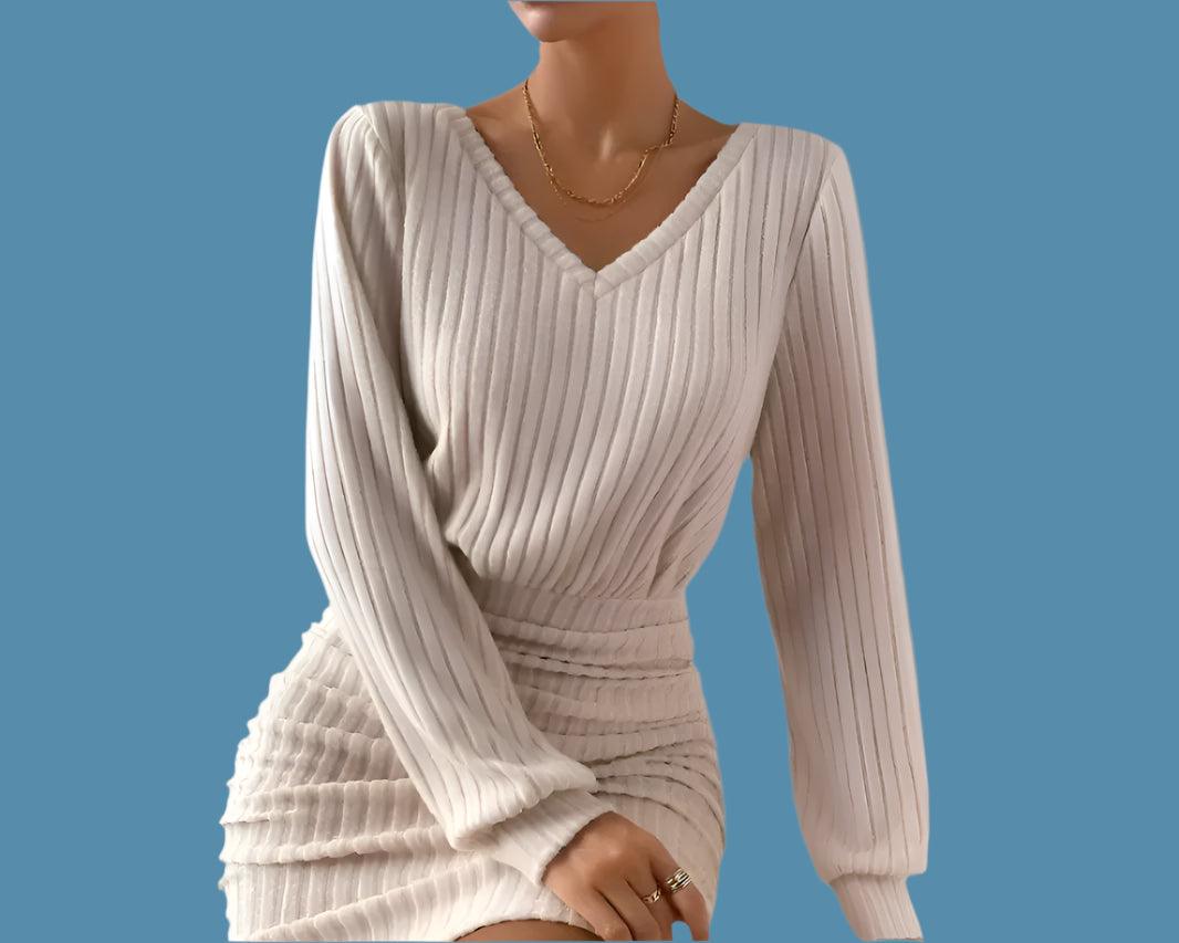 Women's Autumn/Winter Warm Bodycon Knitted V-Neck Wrap Style Mini Sweater Dress - JVMCL