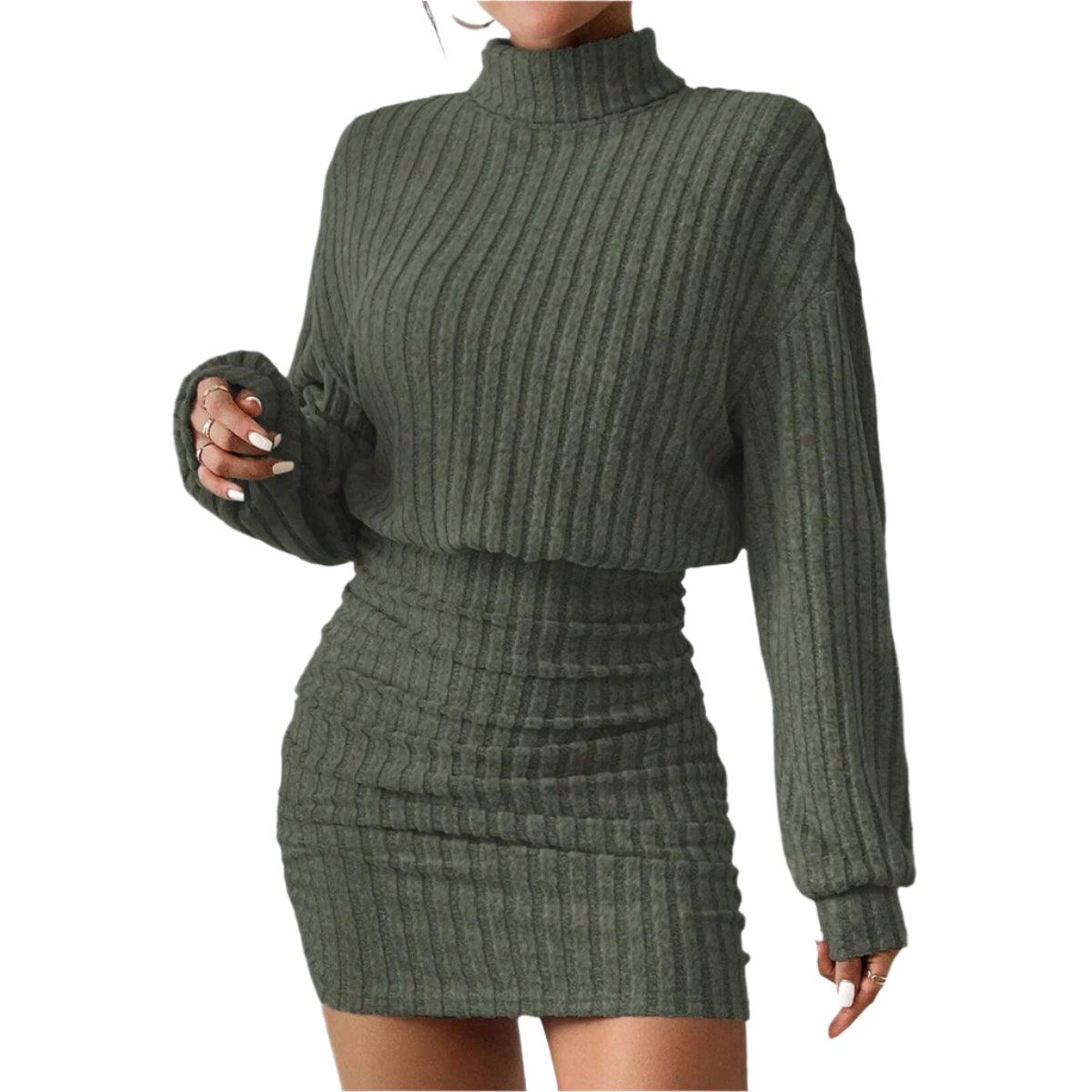 Knitted Pullover Mini Dress – Casual High Neck A-Line Dress with Lantern Sleeves - JVMCL