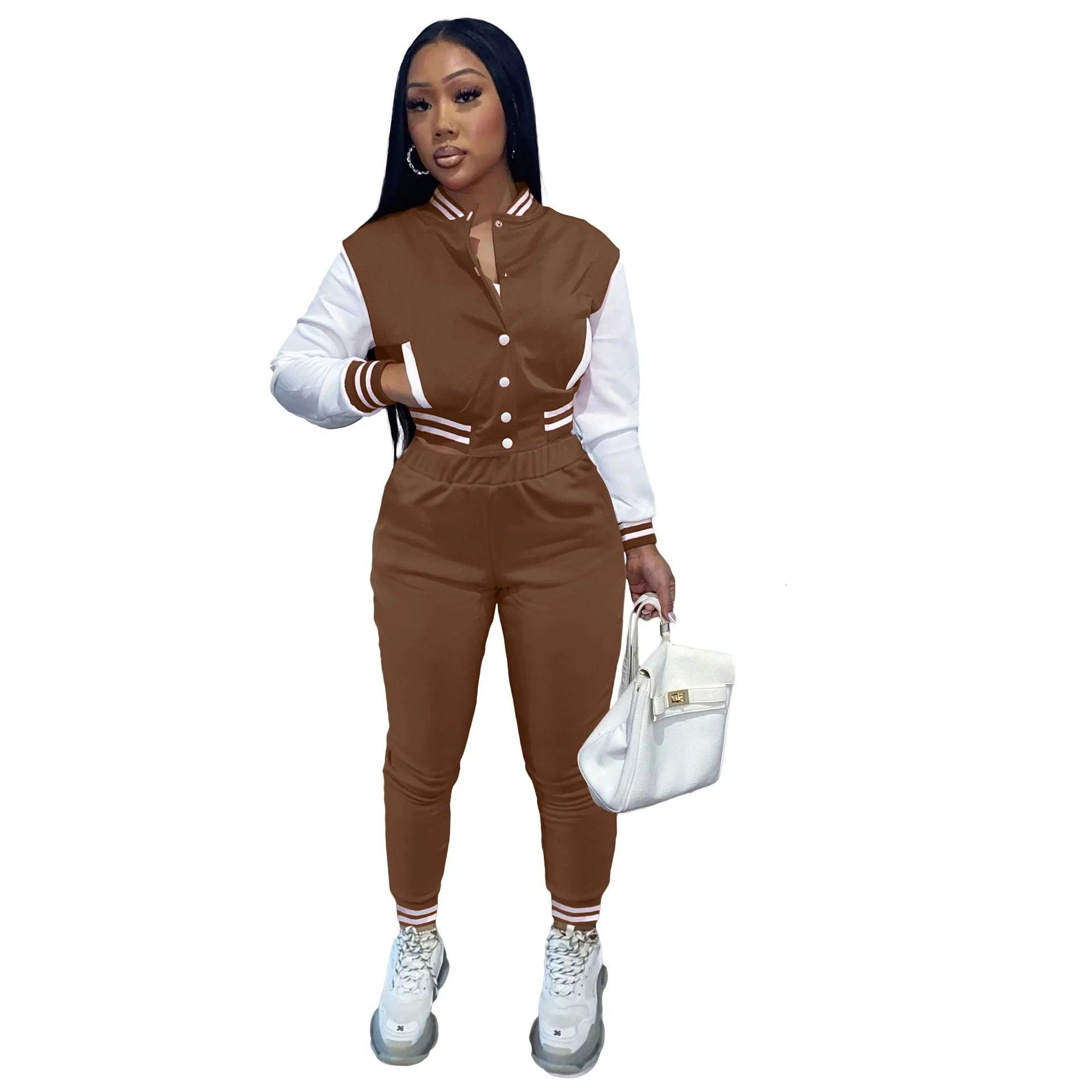 Color-Blocking Women's Two-Piece Baseball Jacket Suit - Casual Splicing Design - JVMCL