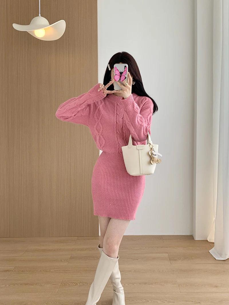 Ribbed Pullover Bodycon Batwing Sleeve Two-Piece Dress - JVMCL