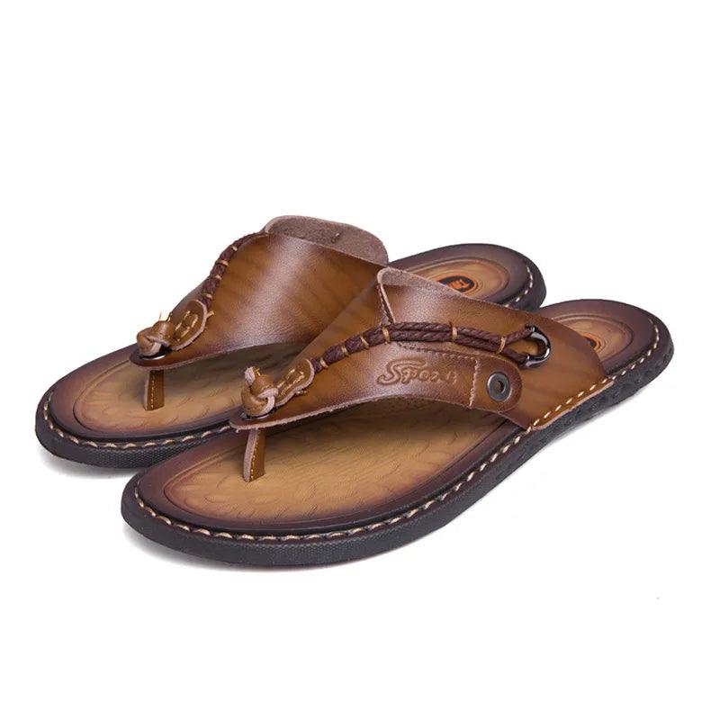 Handmade Leather Slippers Trendy Fashion Men's Flip-flops Outdoor Breathable Comfortable Men and Simple Sandals - JVMCL