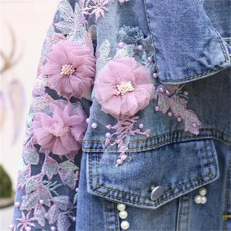 Women's 3D Flower Embroidered Denim Jacket – Loose Fit Korean Style Outerwear