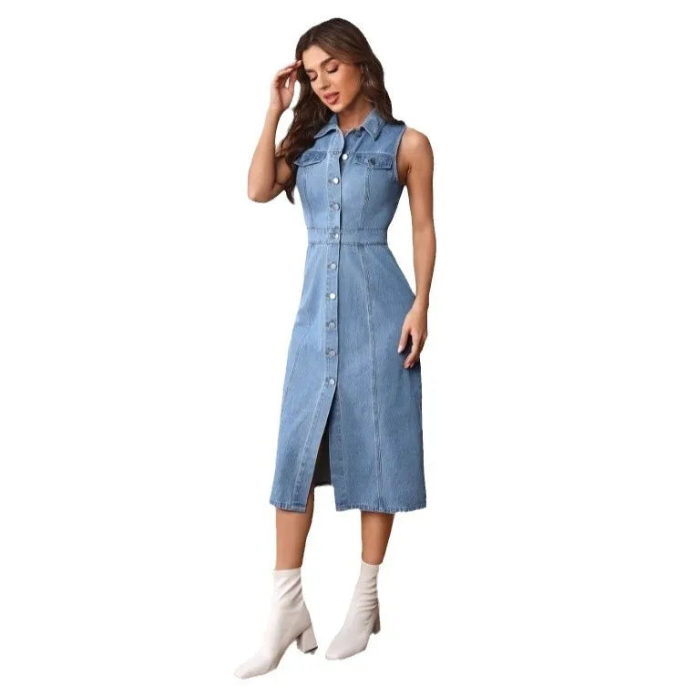 Women's Vintage Denim-Inspired Chic & Versatile Denim Fashion Sleeveless Dress