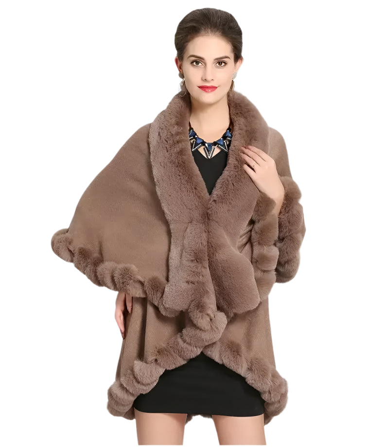 Women's Winter Knitted Poncho Cloak – Faux Rex Rabbit Fur Collar Pashmina Wrap