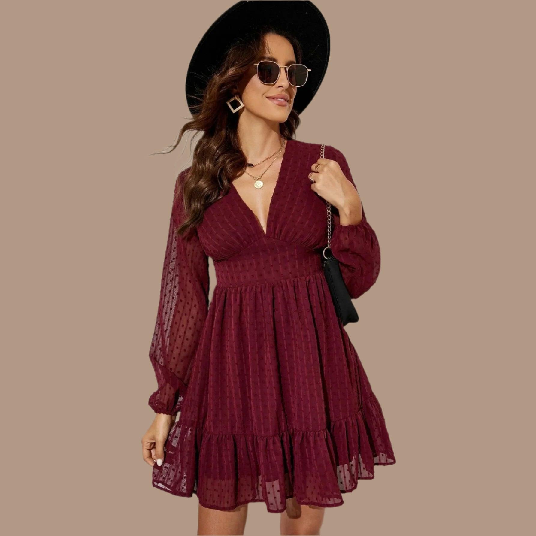 Lantern Sleeve Solid Color Long Sleeve V-Neck High Waist Women's Short Dress - JVMCL