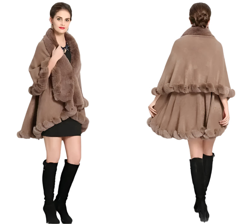 Women's Winter Knitted Poncho Cloak – Faux Rex Rabbit Fur Collar Pashmina Wrap