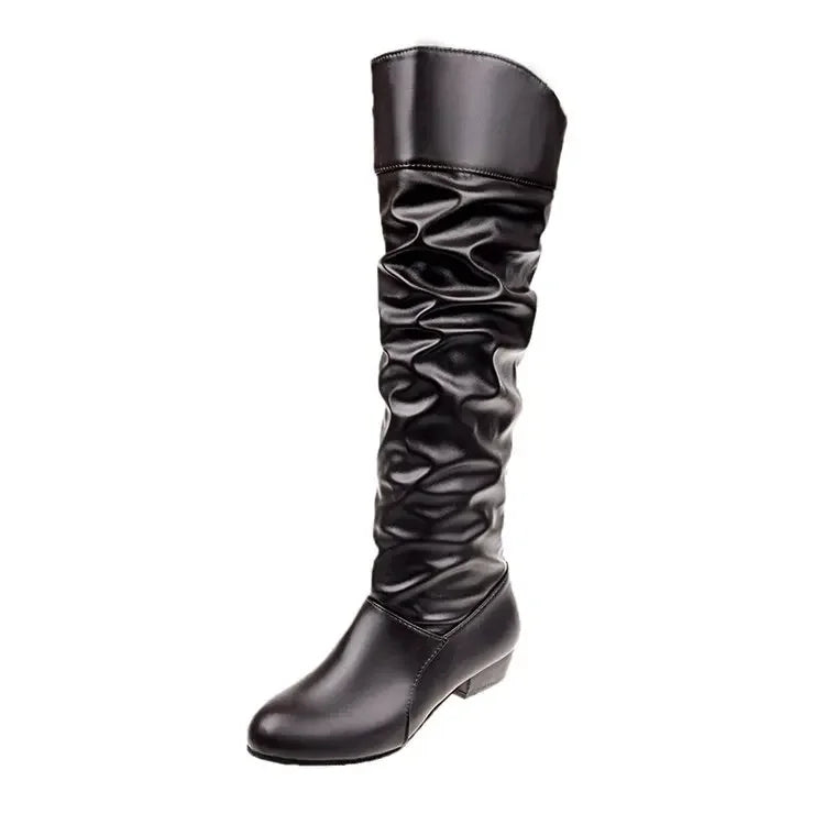 Women’s Knee-High Leather Boots – Stylish Pleated Tall Boots for Winter - JVMCL