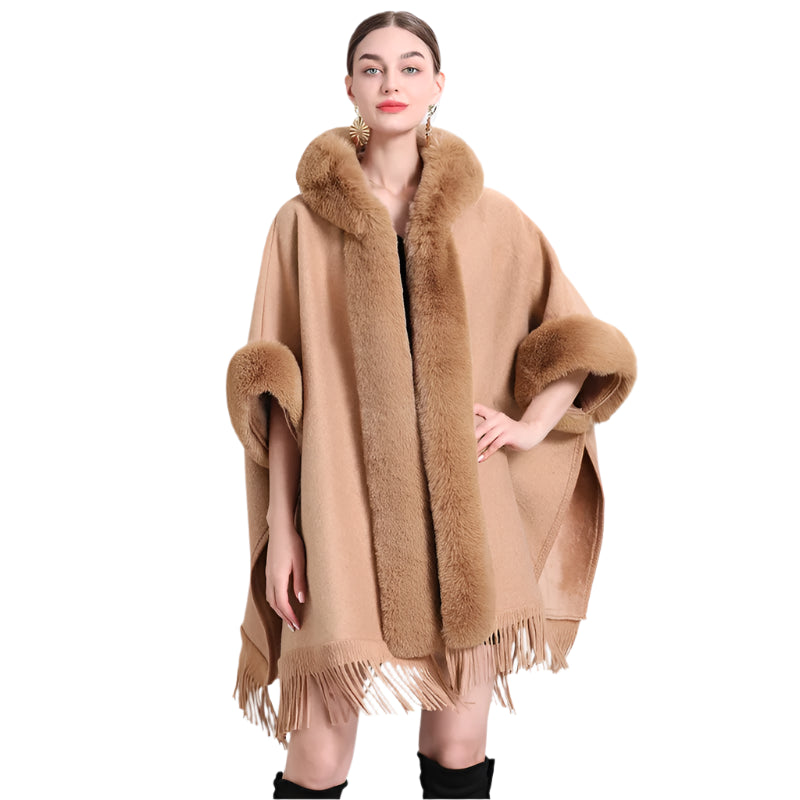 Hooded Thick Batwing Sleeve Faux Rabbit Fur Collar Velvet Cloak Tassel Poncho - JVMCL