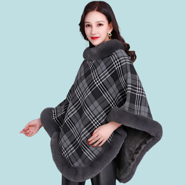 Party Outfit Grey Grid Winter Thick Warm Poncho with Faux Rabbit Fur Collar - JVMCL