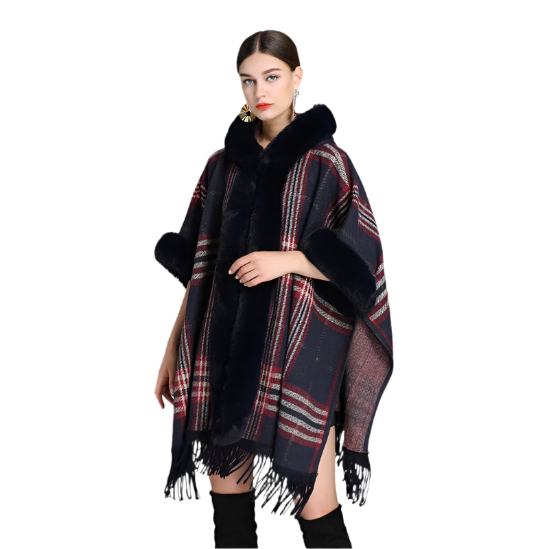 Winter Thick Plaid Poncho Tassel Cloak with Hood & Faux Rabbit Fur Collar