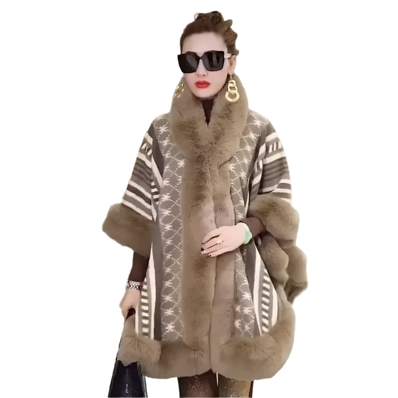 Winter Warm Star-Printed Poncho for Women - Faux Rabbit Fur Collar Cape - JVMCL